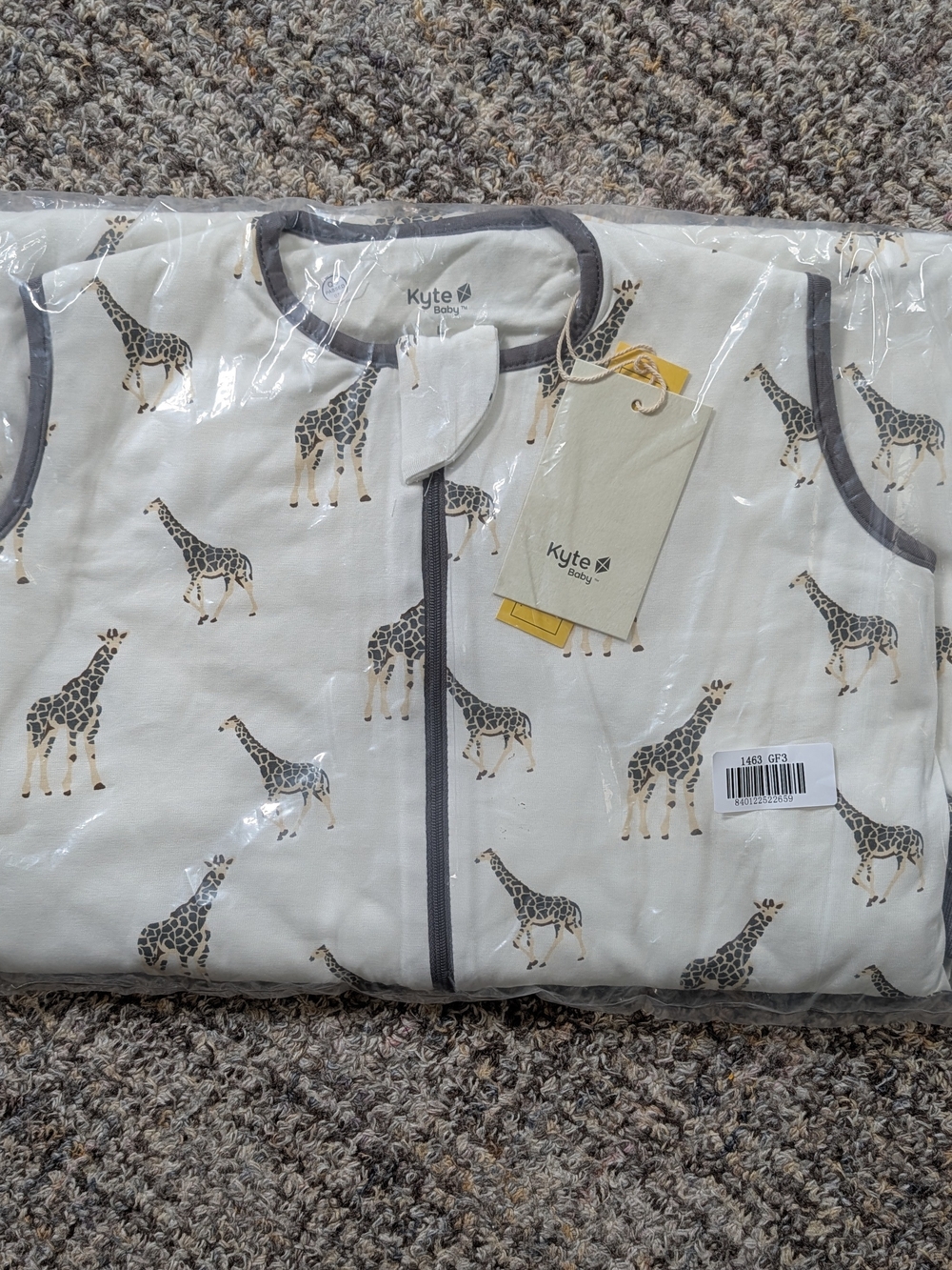 Kyte BABY Cream Giraffe Print Sleep Sack with Gray Trim